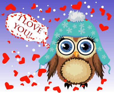 Kalpler tarafından çevrili güzel karikatür kahverengi baykuş seni seviyorum dedi. Hava, Saint Valentine, kartpostal seviyorum