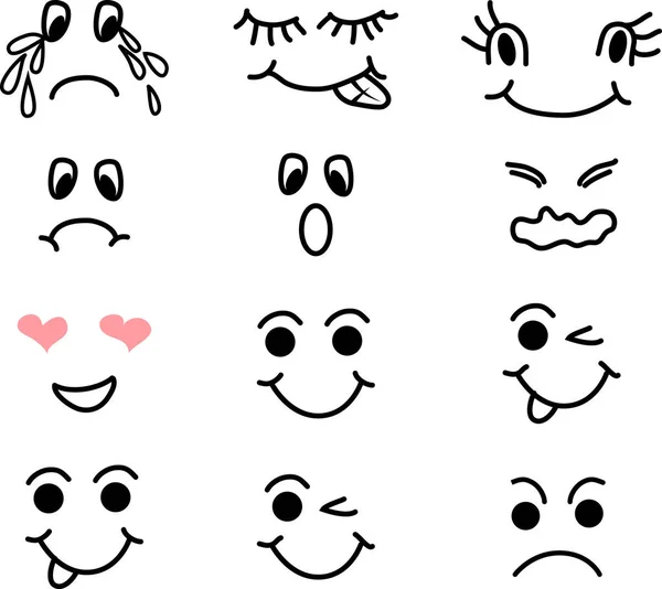 Caras de dibujos animados expresión línea iconos conjunto. Conjunto de emoticonos o iconos de línea de ilustración emoji. Iconos de sonrisa línea arte aislado vector ilustración sobre fondo blanco — Vector de stock
