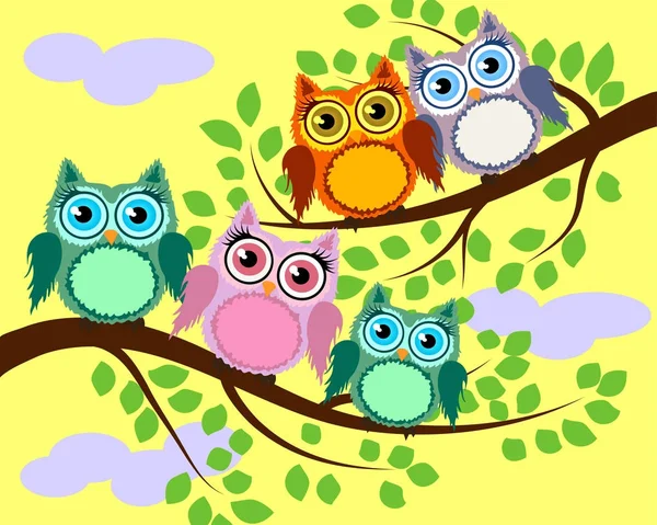 Bright cute cartoon owls sit on the flowering branches of fantastic trees — Stock Vector
