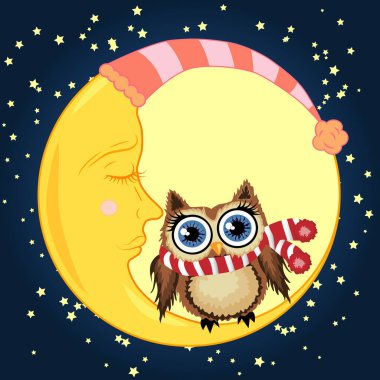 Uykulu Hilal yıldız ile gece gökyüzünün arka planı kırmızı bir fular bir güzel karikatür kahverengi baykuş oturur