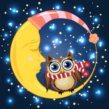 Uykulu Hilal yıldız ile gece gökyüzünün arka planı kırmızı bir fular bir güzel karikatür kahverengi baykuş oturur