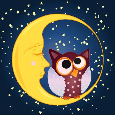 Bir tatlı karikatür baykuş gözleri orta için çizilmiş olan uykulu Hilal yıldız ile gece gökyüzünün arka planı oturur