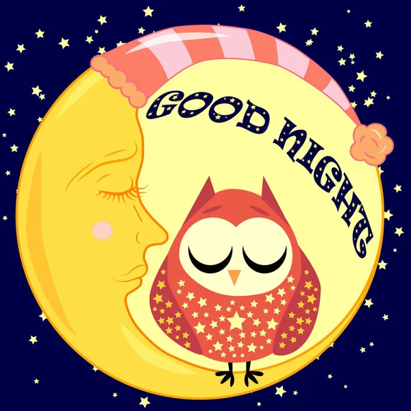 İyi geceler ay ve sevimli baykuş uyku ile kart. Vektör çizim — Stok Vektör