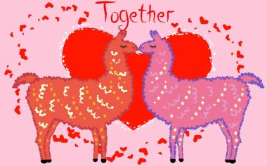 İki aşık kalpler tarafından çevrili llamas öpüşme. Havada aşktır. Yazıt birlikte daha az kalpleri, kartpostal, Sevgililer günü tarafından çevrili bir kırmızı kalp içinde