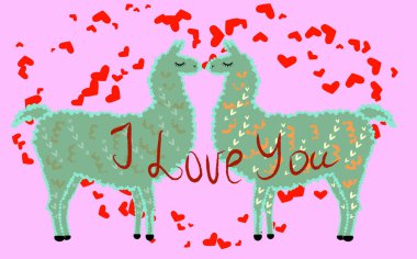 İki sevgili, Kalpler tarafından çevrili llamas öpüşme. Havada aşktır. Yazıt, kartpostal, Sevgililer günü seniseviyorum