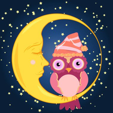 Sevimli çizgi pembe baykuş Hilal yıldız ile gece gökyüzüne karşı uyuyan oturan uyku için çan