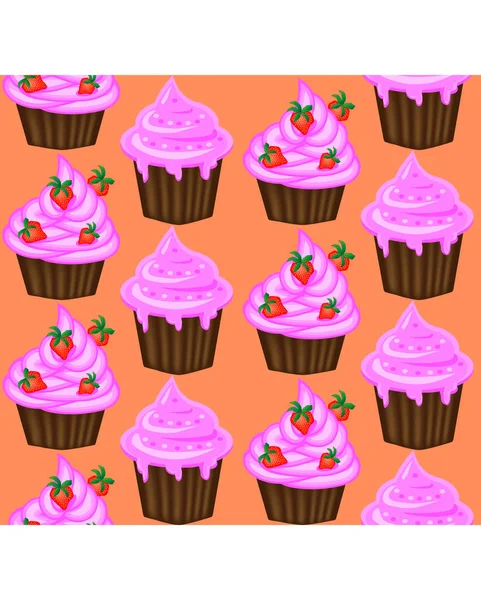 Patrón sin costuras de cupcakes apetitosos con crema rosa — Vector de stock