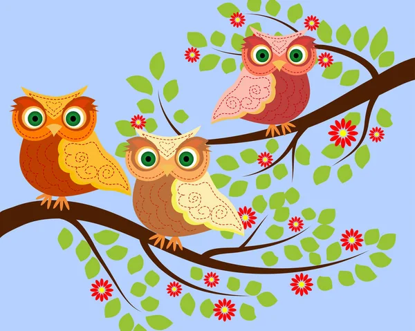 Jasné roztomilé kreslené sovy sedí na kvetoucích větvích fantastických stromů — Stockový vektor