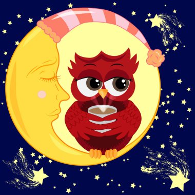 Bir fincan kahve oturma Hilal yıldız ile gece gökyüzüne karşı üzerinde uyuyan sevimli çizgi baykuş cilveli kırmızı