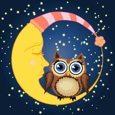 Sevimli çizgi kahverengi baykuş uyuyan Hilal ay yıldız ile gece gökyüzünde oturur
