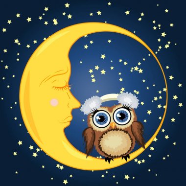 Bir tatlı karikatür kahverengi baykuş yumuşak kulaklık uykulu Hilal yıldız ile gece gökyüzünün bir arka plan üzerinde oturur