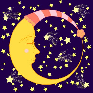 Uyuyan bir kap içinde tam ay yıldız ile mavi gece gökyüzünde kapalı bir göz ile