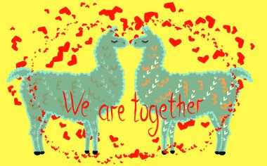 İki sevgili, Kalpler tarafından çevrili llamas öpüşme. Havada aşktır. Yazıt birlikteyiz, kartpostal, Sevgililer günü