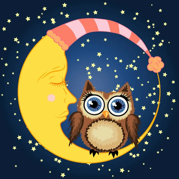 Niedliche Cartoon-braune Eule sitzt auf der schlummernden Mondsichel am Nachthimmel mit Sternen — Stockvektor
