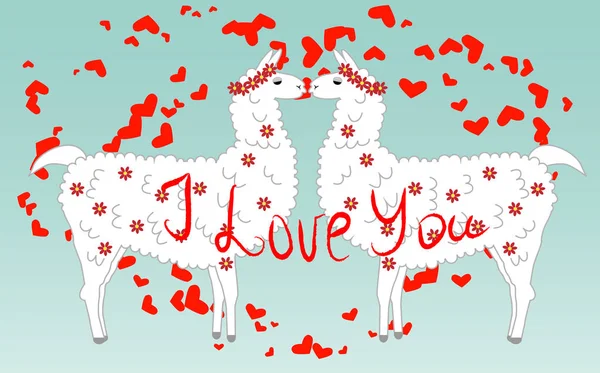 Two lovers, kissing llamas surrounded by hearts. Love is in the air. Inscription I love you, postcard, Valentine's day — Stock Vector