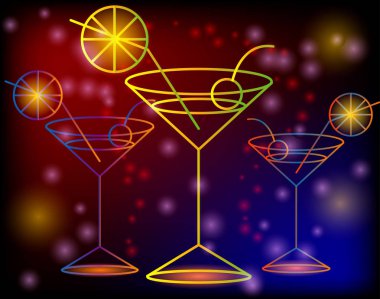 Parlayan yıldız ve ışıklar, disko, club, neon pembe bir zemin üzerine bir kokteylle gözlük altın anahat