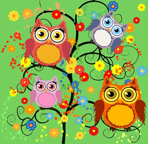 Bright cute cartoon owls sit on the flowering branches of fantastic trees — Stock Vector