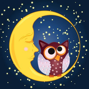 Bir tatlı karikatür baykuş gözleri orta için çizilmiş olan uykulu Hilal yıldız ile gece gökyüzünün arka planı oturur