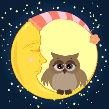 Uykulu Hilal yıldız ile gece gökyüzünün arka planı çok güzel çizgi film baykuş hüzünlü gözleri ile oturur