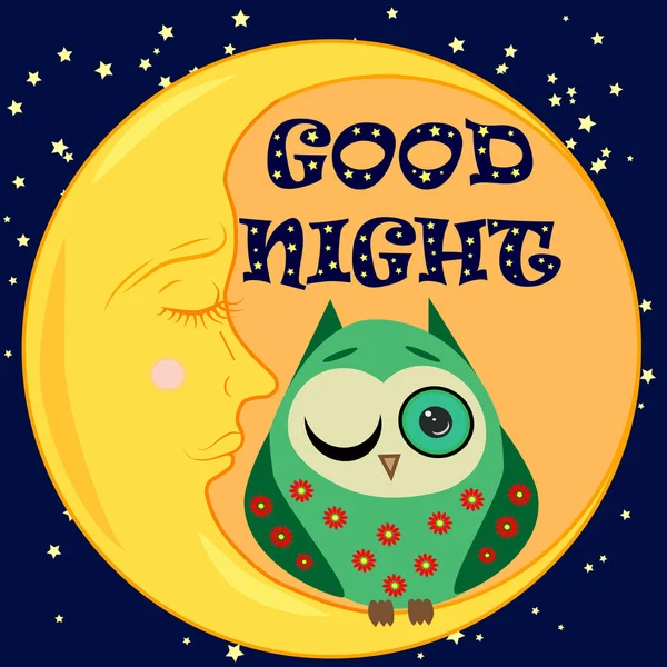 Boa noite cartão com lua adormecida e coruja bonito. Ilustração vetorial — Vetor de Stock