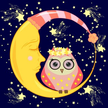 sevimli çizgi uyku baykuş Kapalı gözlerle çevrelerde uykulu Hilal yıldızlar arasında oturur