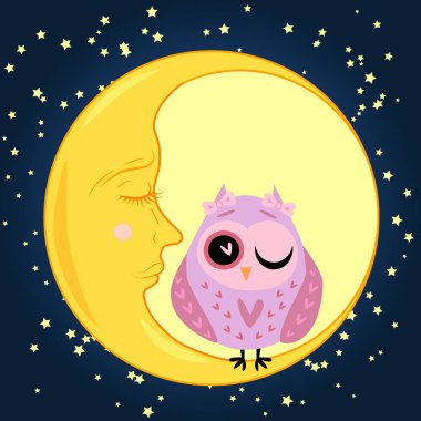 sevimli çizgi uyku baykuş Kapalı gözlerle çevrelerde uykulu Hilal yıldızlar arasında oturur