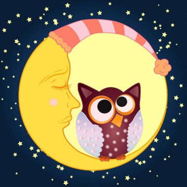 Uykulu Hilal yıldız ile bir gece gökyüzü arka planı uyuyan bir kap içinde uyuyan bir kap ortasında Kapalı gözlerle tatlı karikatür baykuş oturur...