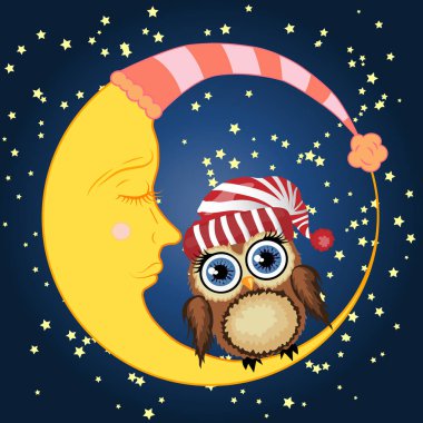 Uykulu Hilal yıldız ile gece gökyüzünün arka planı kırmızı şapkalı güzel karikatür kahverengi baykuş oturur