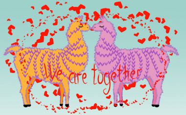 İki sevgili, Kalpler tarafından çevrili llamas öpüşme. Havada aşktır. Yazıt birlikteyiz, kartpostal, Sevgililer günü