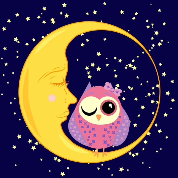 Lindo caricatura durmiendo búho en círculos con los ojos cerrados se sienta en una media luna somnolienta entre las estrellas — Vector de stock