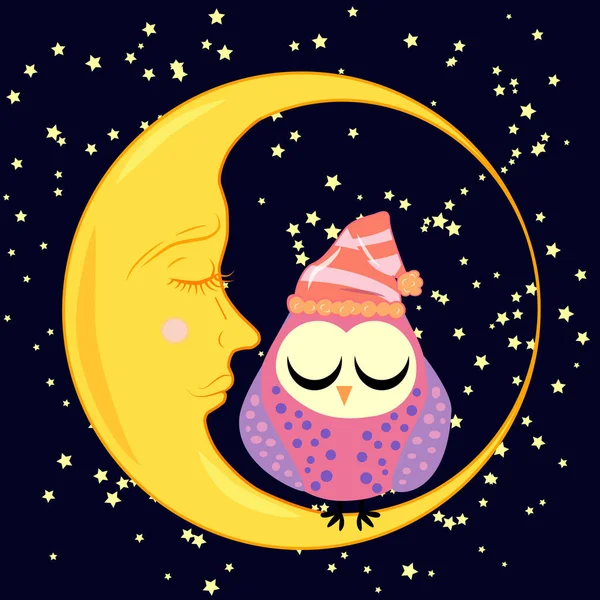 Lindo caricatura durmiendo búho en círculos con los ojos cerrados se sienta en una media luna somnolienta entre las estrellas — Archivo Imágenes Vectoriales
