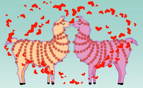 Δύο εραστές φιλί llamas περιβάλλεται από καρδιές. Αγάπη στον αέρα, καρτ-ποστάλ έως την ημέρα του Αγίου Βαλεντίνου — Διανυσματικό Αρχείο