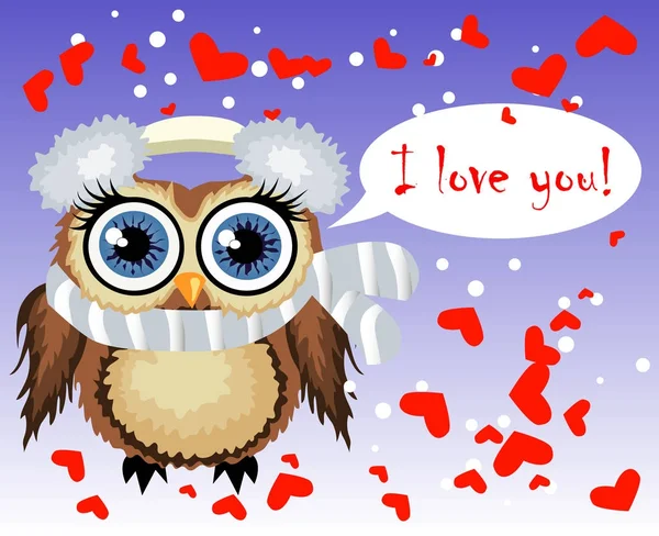 Schöne Karikatur braune Eule von Herzen umgeben sagt, ich liebe dich. Liebe in der Luft, Valentinstag, Postkarte — Stockvektor