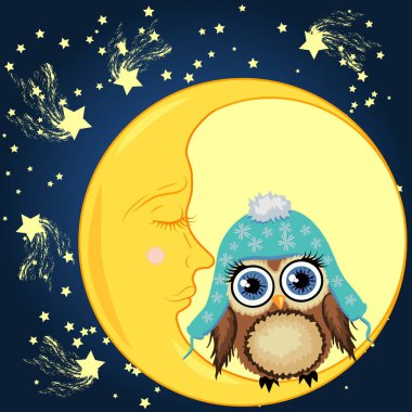 Uyuyordu Hilal yıldız ile bir gece gökyüzü arka planı Mavi şapkalı bir tatlı karikatür kahverengi baykuş oturur