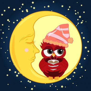 Sevimli çizgi baykuş cilveli kırmızı bir fincan kahve Hilal yıldız ile gece gökyüzüne karşı uyuyan oturan uyku için çan ile