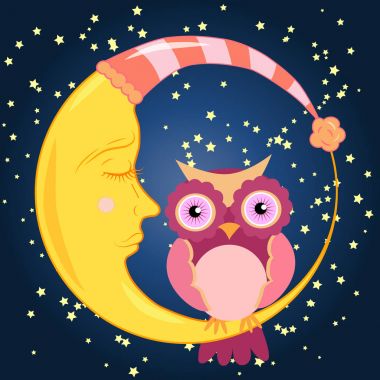 Sevimli çizgi film pembe baykuş uyuklayan hilal ayının üzerinde oturuyor yıldızlarla dolu gece gökyüzünde
