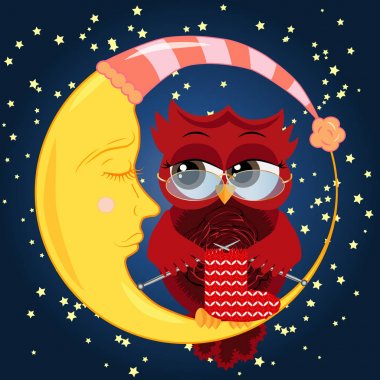 Güzel çizgi film, cilveli baykuş gözlük takan bir çorap tekerlek teli üzerinde dokuma kumaşlar ve uyuyordu Hilal yıldız ile gece gökyüzünün arka planı üzerinde oturur