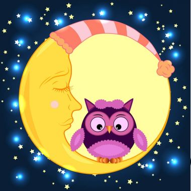 Bir yuvarlak uyuyan Hilal yıldız ile gece gökyüzünde oturan sevimli çizgi baykuş