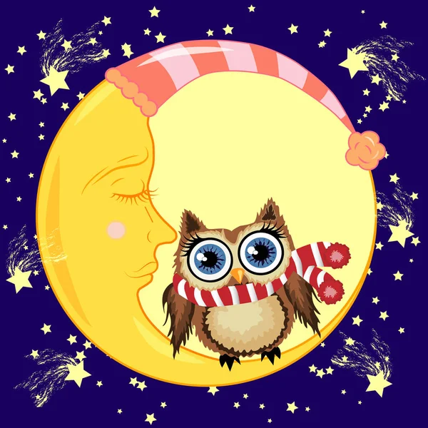 Uykulu Hilal yıldız ile gece gökyüzünün arka planı kırmızı bir fular bir güzel karikatür kahverengi baykuş oturur