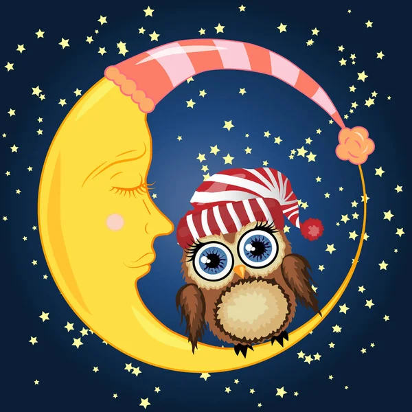 Uykulu Hilal yıldız ile gece gökyüzünün arka planı kırmızı şapkalı güzel karikatür kahverengi baykuş oturur — Stok Vektör