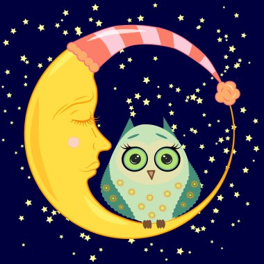 sevimli çizgi uyku baykuş Kapalı gözlerle çevrelerde uykulu Hilal yıldızlar arasında oturur
