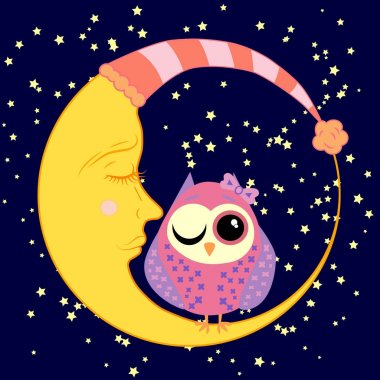 sevimli çizgi uyku baykuş Kapalı gözlerle çevrelerde uykulu Hilal yıldızlar arasında oturur