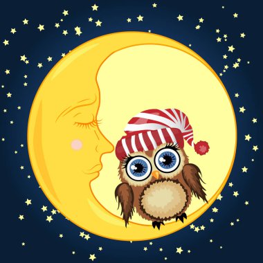 Uykulu Hilal yıldız ile gece gökyüzünün arka planı kırmızı şapkalı güzel karikatür kahverengi baykuş oturur