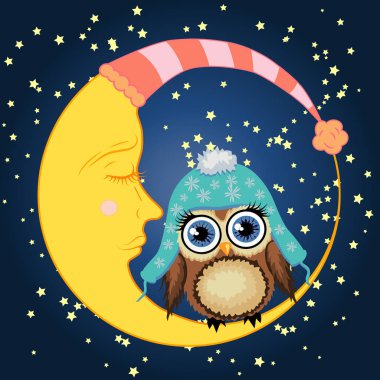 Uyuyordu Hilal yıldız ile bir gece gökyüzü arka planı Mavi şapkalı bir tatlı karikatür kahverengi baykuş oturur
