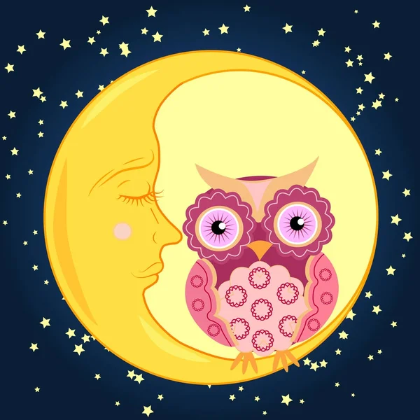 Lindo búho rosa de dibujos animados con un patrón circular en las alas y el cuerpo se sienta en la luna creciente adormecida en el cielo nocturno con estrellas — Vector de stock
