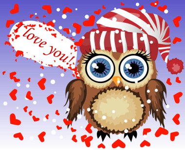 Kalpler tarafından çevrili güzel karikatür kahverengi baykuş seni seviyorum dedi. Hava, Saint Valentine, kartpostal seviyorum