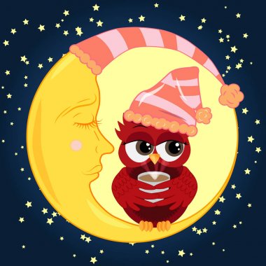 Sevimli çizgi baykuş cilveli kırmızı bir fincan kahve Hilal yıldız ile gece gökyüzüne karşı uyuyan oturan uyku için çan ile