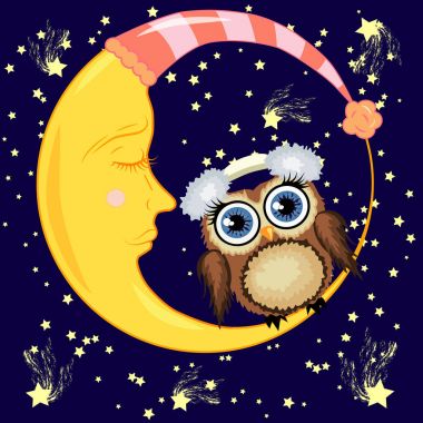 Bir tatlı karikatür kahverengi baykuş yumuşak kulaklık uykulu Hilal yıldız ile gece gökyüzünün bir arka plan üzerinde oturur