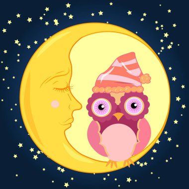 Sevimli çizgi pembe baykuş Hilal yıldız ile gece gökyüzüne karşı uyuyan oturan uyku için çan