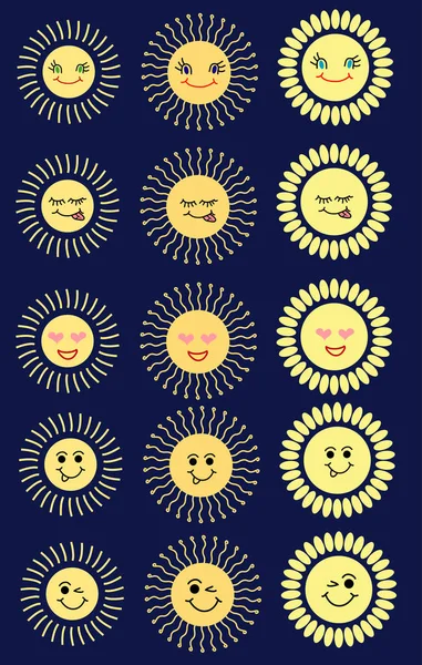 Set of sun emoticon illustrations, cartoon designs in flat art for weather or climate project, avatars, children clothes. — Stock Vector